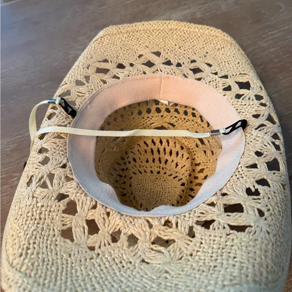 Beige Crochet Cowboy Hat with Beaded Band - Picture 3 of 3